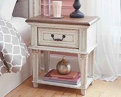 Signature Design by Ashley Realyn Traditional Cottage 1 Drawer Nightstand with Dovetail Construction & Open Display Shelf, Chipped White, 27" Tall, Distressed Brown Signature Design by Ashley Realyn Traditional Cottage 1 Drawer Nightstand with Dovetail Construction & Open Display Shelf, Chipped White, 27" Tall, Distressed Brown