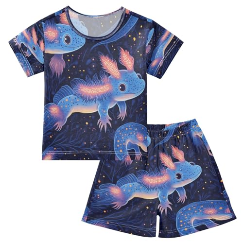 Pajama Sets Short Sleeve Glowing Axolotl Pattern Prints Soft Cotton Summer Sleepwear 2 Piece PJS Size 5-14T