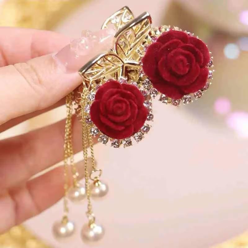 Rose Petals Style Hair Clip Tassel Claw Accessories Red Pearl for Women & Girls hair clutcher, Bridal Clamp Jewellery, tassled clip(1 Piece)-image-46