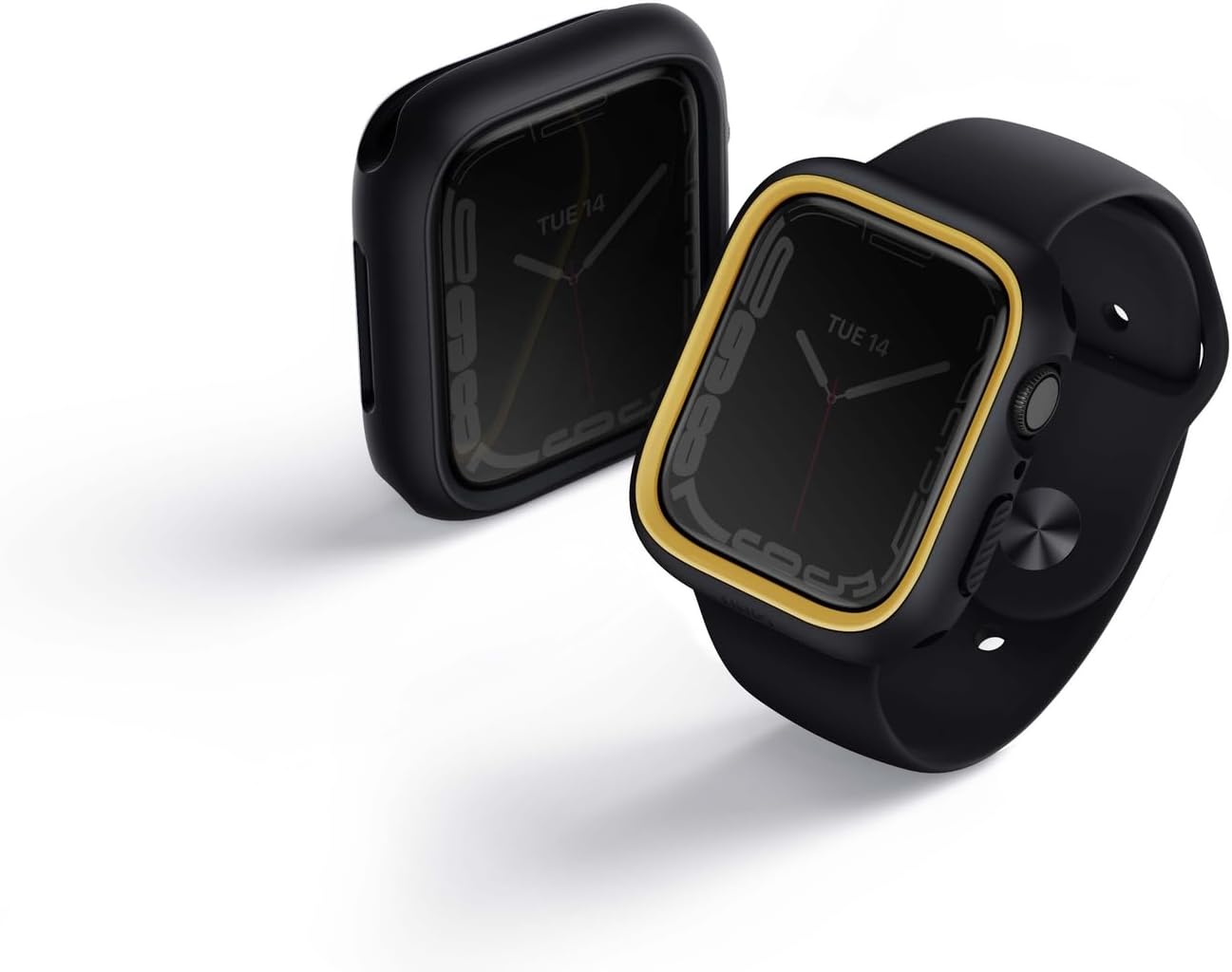Two Apple Watches, one with the UNIQ Moduo case installed (black with mustard yellow rim) and another similar case next to it, demonstrating the product's appearance when installed.