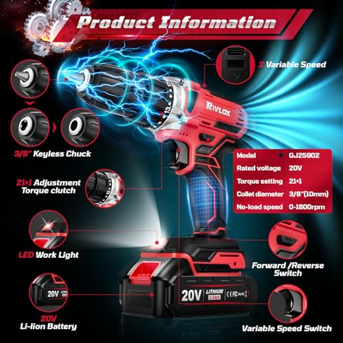 20V Cordless Drill Set,Electric Power Drill Cordless,Power Drill Drivers,Electric Screwdriver - 2.0Ah Batteries, 30Nm,21+1 Torque,2 Speed,34pcs Acessories,Built-in LED,Kit for Home,Red - Image 4