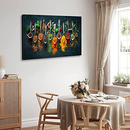 Image of Framed Large Kitchen Wall art Pictures Decor Couful Spice in Spoon Vintage Canvas Wall Art Food Photos Painting On Canvas Home Decoration Gift Ready to Hang 24x36inch