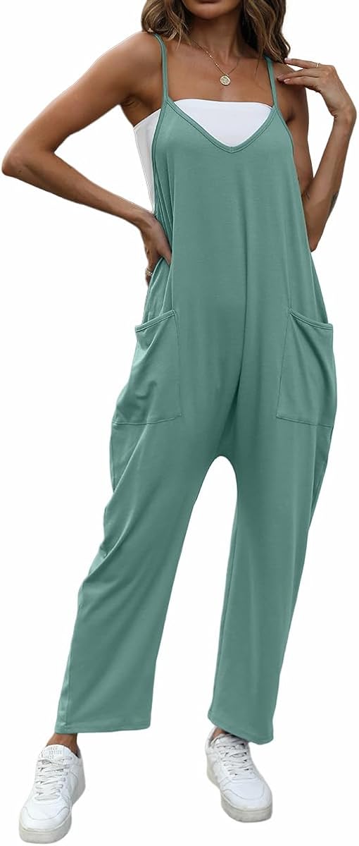 Miniatura 4 de Qnasey Overol casual de verano para mujer, cuello en V, sin mangas, tirantes delgados ajustables, con bolsillos
