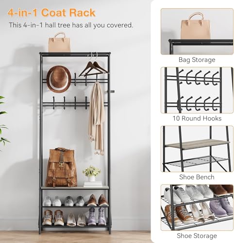 IDEALHOUSE Coat Rack Shoe Bench with 10 Hooks, Hall Trees Entryway Bench with Storage, Multifunctional Hallway Organizer, Wood Look Accent Furniture (Grey, 10 hooks-25.2 in)