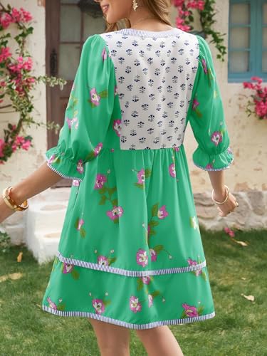 Image of Wenrine Womens Casual Floral Mini Dress Summer Patchwork Boho Shirt Dresses