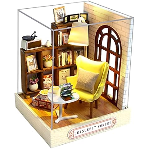 Cuteroom DIY Wooden DollHouse Kit,Dollhouse Miniature with Furniture and Dust Cover Handmade Crafts Miniature Dolls House kit for Teens Adult Gift (Leisurely Moment) Cover