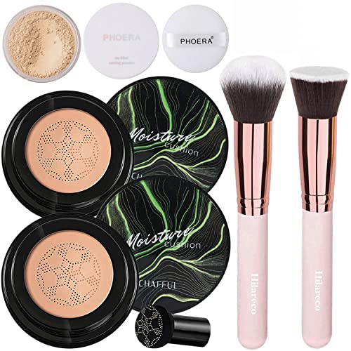 Hilareco 2Pcs Air Cushion Cc Cream Natural Foundation,Phoera Powder, Bright Makeup Base Long Lasting With Makeup Sponge And Flat Top Kabuki Foundation Brush (#04 Buff Beige) #TOP26
