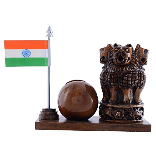 Image of Craft Trade 13x13 Cm Wooden Pen Stand with Clock National Flag Pencil Holder - Dark Brown