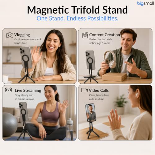Image of Bigsmall MagClip Tripod Stand for iPhone & Smartphones | Foldable Magnetic Phone Holder with Clip | Portable Aluminum Stand for Vlogging, Video Calls & Travel | Includes 2 Magnetic Rings