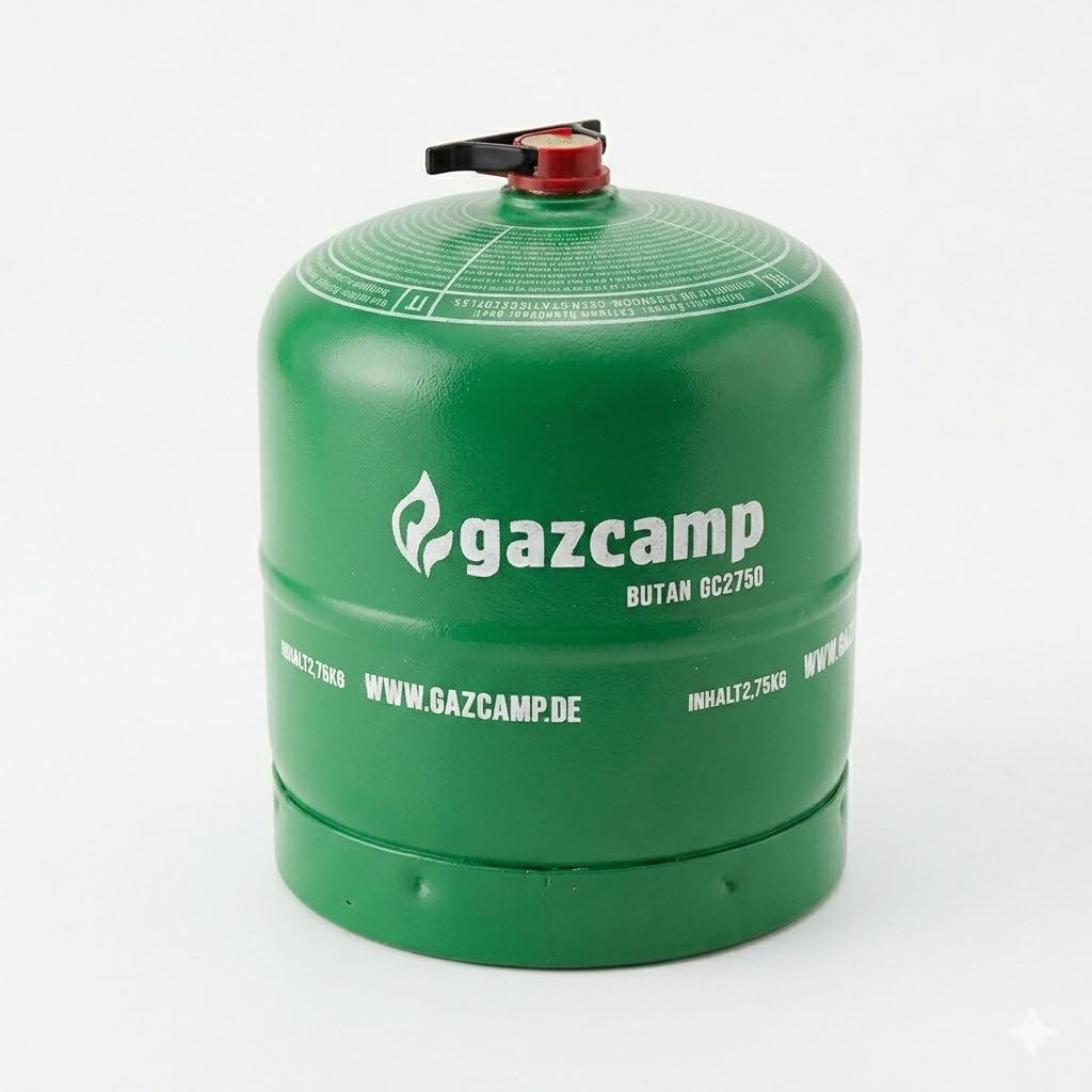 Gazcamp GC2750 Butangasflasche gefüllt, 2,75 kg, Stahl, nachfüllbar, Sicherheitsventil CGV, für Camping & Outdoor