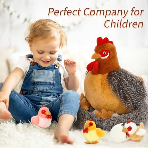 MorisMos 35cm hoch riesen Huhn Kuscheltier XXL mit 3 Babys im Nest, süß Küken mit Ei plüschtier stofftier,chickenteddy Geburtstag Weihnachten Geschenk für Kinder Baby-Hellbraun