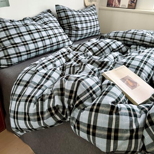 Image of mixinni Vintage Grey & Pale Blue Buffalo Plaid Duvet Cover Set Full Size - 3 Piece Washed Cotton Bedding Set with Grid Pattern, Soft & Breathable Duvet Cover with Pillowcases for Boys, Men& Women