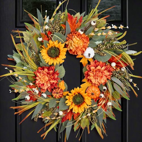 Fall Wreaths for Front Door 24 Inch Fall Wreath with Pumpkins, Sunflowers & Berries – Outdoor...