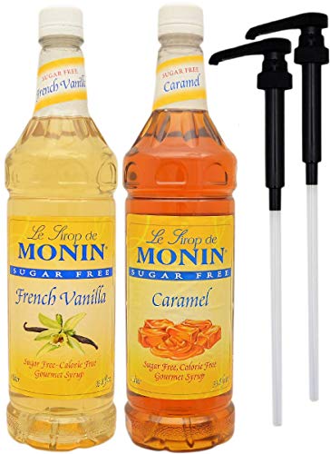 Monin Sugar Free Coffee Syrup Variety - Sugar Free French Vanilla And Caramel Syrup 1 Liter Bottles With 2 By The Cup Coffee Syrup Pumps #TOP1