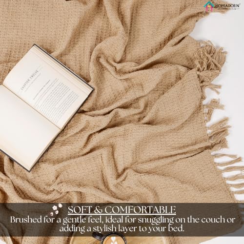 Image of HOMADORN Waffle Weave Cotton Throw Blanket - Lightweight, Breathable & Cozy for Sofa or Bed (100% Cotton)(50X60 Inches) Beige