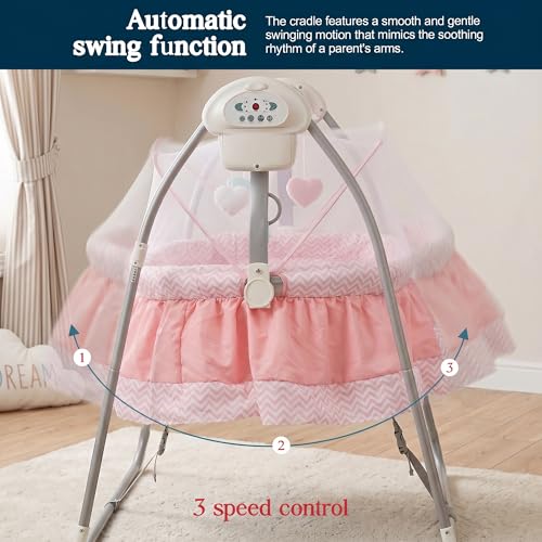 Image of BAYBEE Wanda Electric Swing Cradle for Babies | Automatic Cradle for New Born Baby with 6 Speed Control, Mosquito Net, Toy Bar & Music | Jhula for Kids | Baby jhula for 0 to 2 Years (Pink)