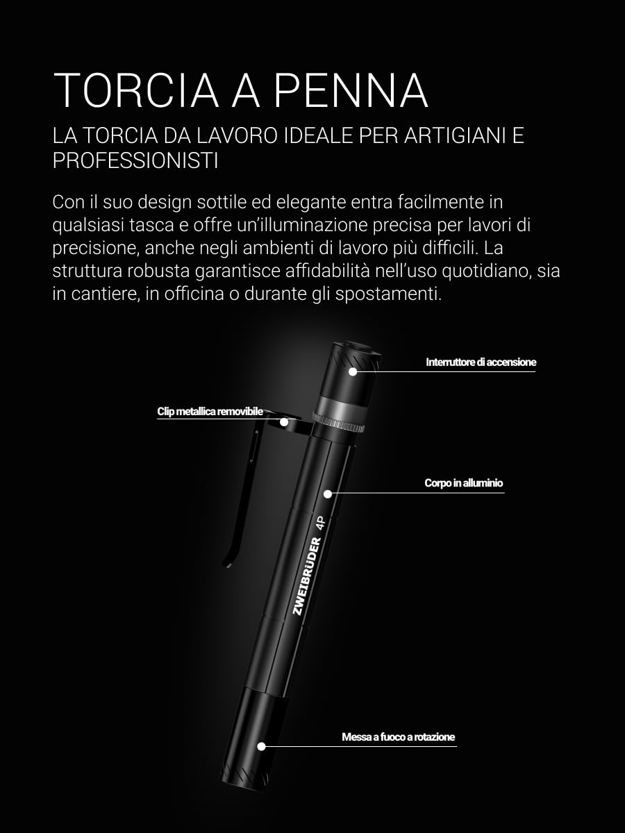 Zweibrüder ZB4P Torcia a Penna LED 400 Lumen – Mini Torcia Tascabile Compatta di Precisione, USB-C Ricaricabile, Messa a Fuoco Regolabile, Ideale per Ispezioni e Lavori Tecnici