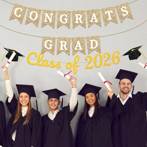 Image of 2026 Graduation Banner,Congrats Grad and Class of 2026 Cap Banner Set White Gold Black Glitter Grad Decorations for Senior 2026 Party, Graduation Sign Party Backdrop Supplies