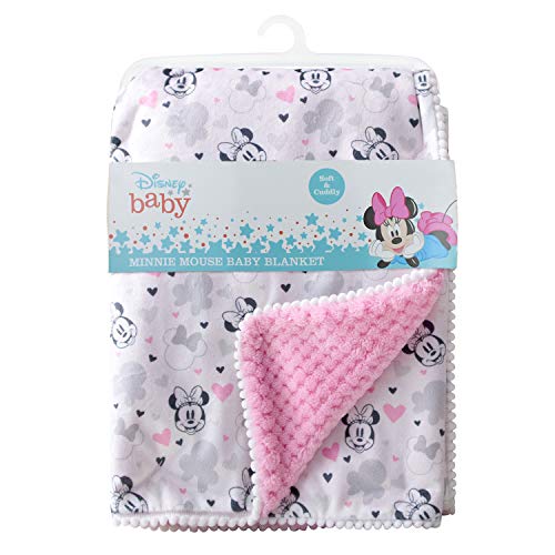 Cudlie Disney Baby Girl Minne Mouse Double Sided Baby Blanket with Printed Mink Waffle Fleece Backing & with Pom Edge(30X40)