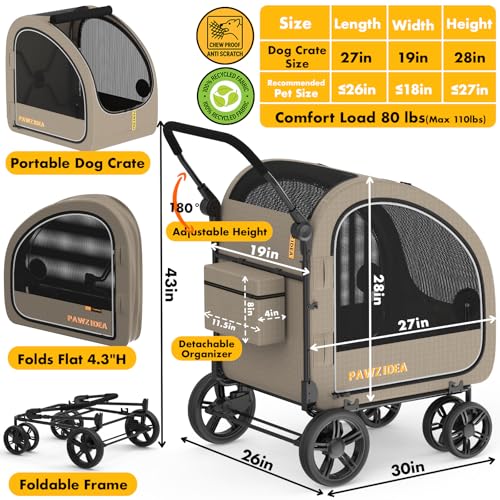 Image of PAWZIDEA 3-in-1 Large Dog Stroller with Detachable Carrier up 100lbs, Foldable Dog Crate for Car Travel, All-Terrain Pet Stroller for 2 Medium Dogs, Jogger Wheels, Adjustable Handle, Stroage Organizer