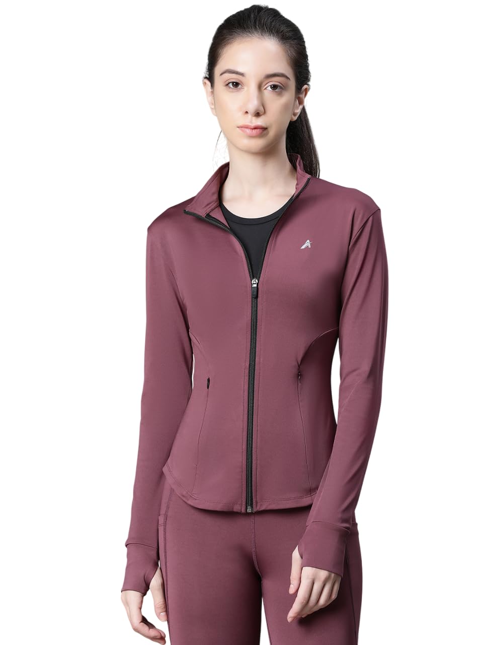 Women’s Full Zip Training Jacket with MockCollar & Thumbhole Sleeves | Quick-Dry, Stretchable, Lightweight Activewear for Gym, Yoga, Running & Sports (IN, Alpha, 2XL, Regular, Mauve)