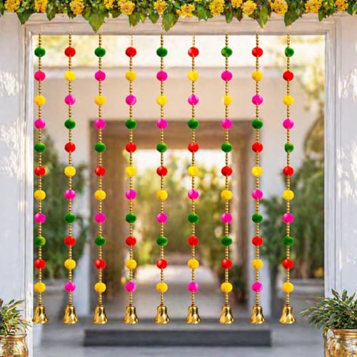 Image of Bindian Pom Pom Beads & Golden Bell Toran for Main Door, Pack of 10 Door Hanging Decorative Items, Home Decor Wall Hanging Decoration, Pooja Room Decor, Festival Decoration