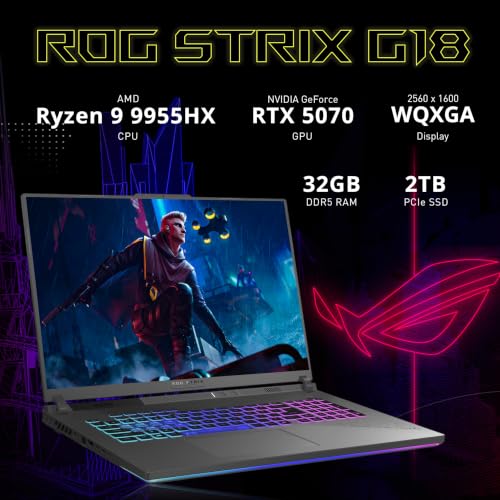 Image of ASUS ROG Strix G18 18 inch WQXGA 240Hz Gaming Laptop, AMD Ryzen 9 9955HX, NVIDIA GeForce RTX 5070, 32GB DDR5, 3TB Storage(2TB SSD+1TB Docking Station), 4-Zone RGB Backlit Keyboard, WiFi 6E, Win 11, Gray