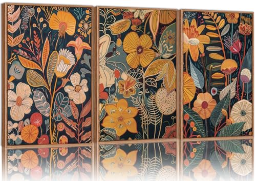 SIGNINART Orange Floral Framed Canvas Wall Art Set of 3, Mid Century Modern Flower Wall Decor, Neutral Plant Artwork, Boho Botanical Art Prints for Bedroom Living Room Office 16'x24'x3