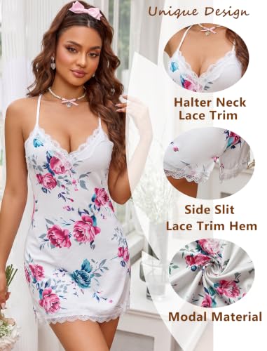 Image of Avidlove Lingerie for Women Sexy Chemise Nightgown Babydoll Lace Nightgown | Lingerie, Lace Trim, Soft Modal, Adjustable Spaghetti Straps, Split Hem, V Back Design, Sexy Nightie