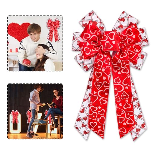 Habbiful Large Mother's Day Bow for Wreath, Spring Red Heart Wreath Bow for Front Door Red White Buffalo Plaid Bow for Mother's Day Anniversary Wedding Party Home Decoration
