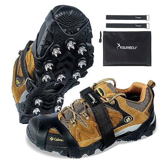 SYOURSELF Ice Cleats, Crampons Ice Cleats for Shoes and Boots Women Men Kids, Non Slip Grippers Spikes for Shoes with Straps, Ice Traction Cleats for Snow and Ice, Hiking, Walking, Fishing, Climbing