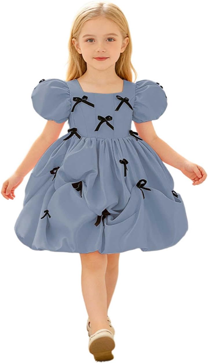 Girls Princess Flower Girl Dress Short Puff Sleeve Bowknot Bubble Skirt for Birthday Wedding Pageant Special Occasion