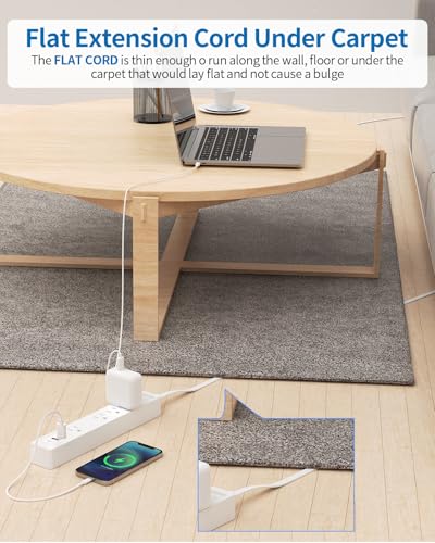Extensión plana NTONPOWER 15 ft, cable ultra delgado con 4 tomas, 2 USB A + USB C, protección contra sobrecarga, blanco miniatura 2