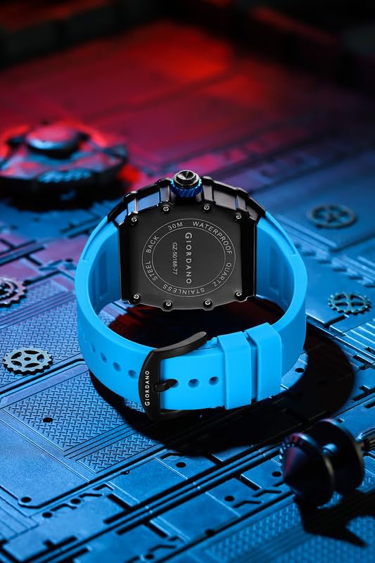 Image of Giordano Analog Skeleton Dial Watch for Men - Tonneau Case, Silicone Strap, Open-Gear Sport Design, Quartz Movement