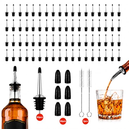 60 Pack Stainless Steel Liquor Pour Spouts with Dust Caps, Bottle Pourers for Alcohol Olive Oil Wine, Speed Pourers Bar Bartender Accessories