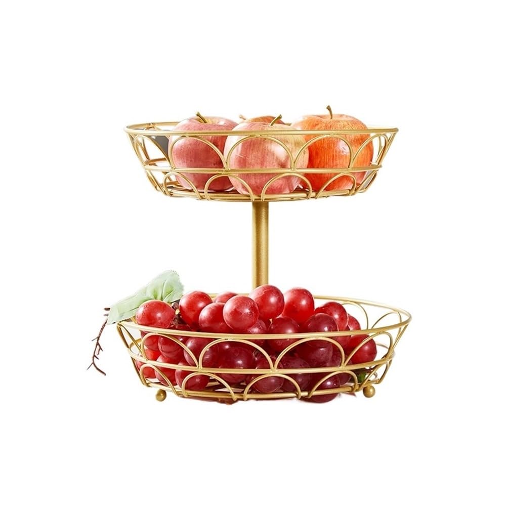 Estantes de frutas Cesta de fruta metal doble capa, mesa centro, cesta , frutero alambre(Gold)