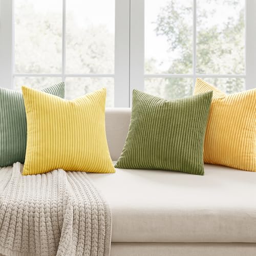 Image of MIULEE Boho Farmhouse Yellow Green Throw Pillow Covers 18x18 Inch Set of 4 Mordern Nordic Cushion Covers Soft Corduroy Spring Home Decor for Couch Bed Sofa Living Room