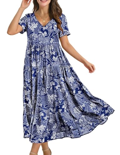 YESNO Women's Summer Maxi Dresses Casual Floral Short Sleeve V Neck Boho Beach Vacation Swing Dress...