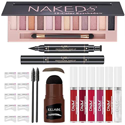 6 IN One Makeup Sets - Including 12 Shades Eyeshadow Palette, 6 Colors Lipstick Set, Eyebrow Stamp Stencil Kit, Eyeliner Stamp, Pro Makeup Kit For Daily Makeup, Great For Beginner, Great For Gift (#01)