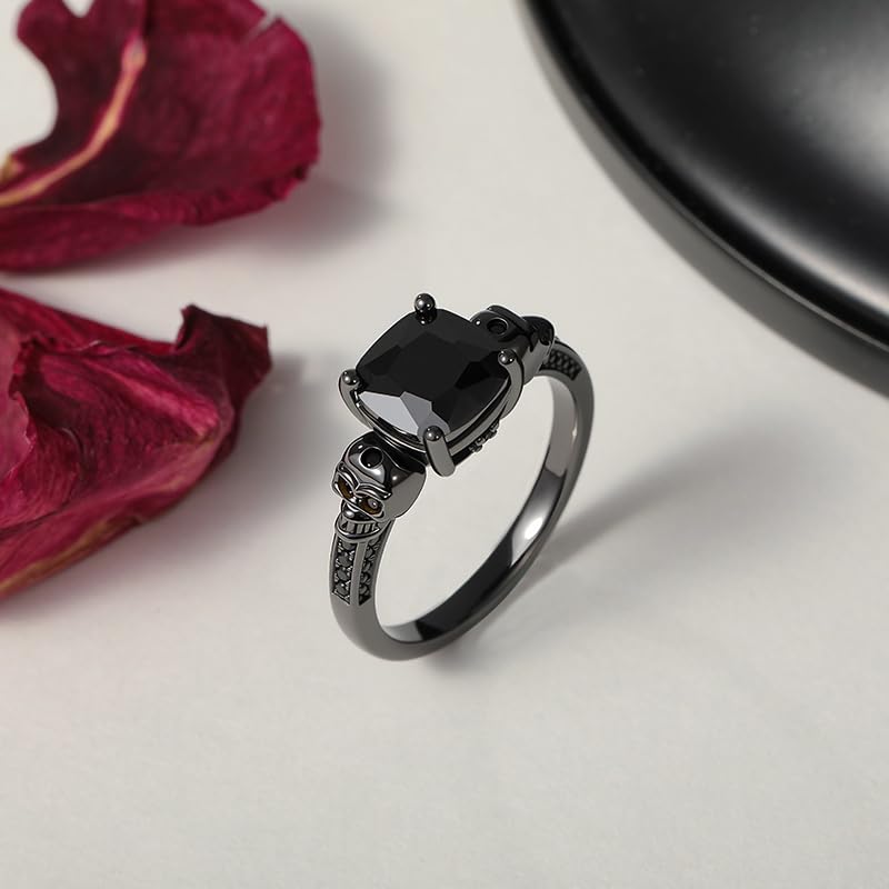 Jeulia Anillos de compromiso con diseño de calavera, amor eterno, gótico, negro, plata de ley con diamante de corte cojín, anillos de boda para Halloween, clásicos, retro, regalos para mujeres