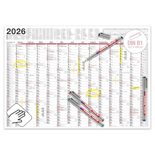 TOBJA XXL Wandkalender abwischbar 2026 - gerollter Versand inkl. 4 Stifte | Großer Jahresplaner Kalender (1 Stück abwischbar +4 Stifte)