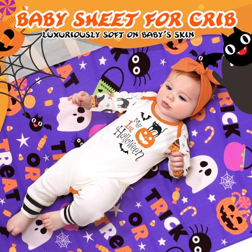 Image of Cloele Halloween Pumpkin Crib Sheet Ghost Fitted Sheet for Boys Girls - Spider Baby Nursery Sheet Cozy Bed Sheet for Standard Crib and Toddler Mattresses - Purple Crib Mattress Infant Toddler Sheet