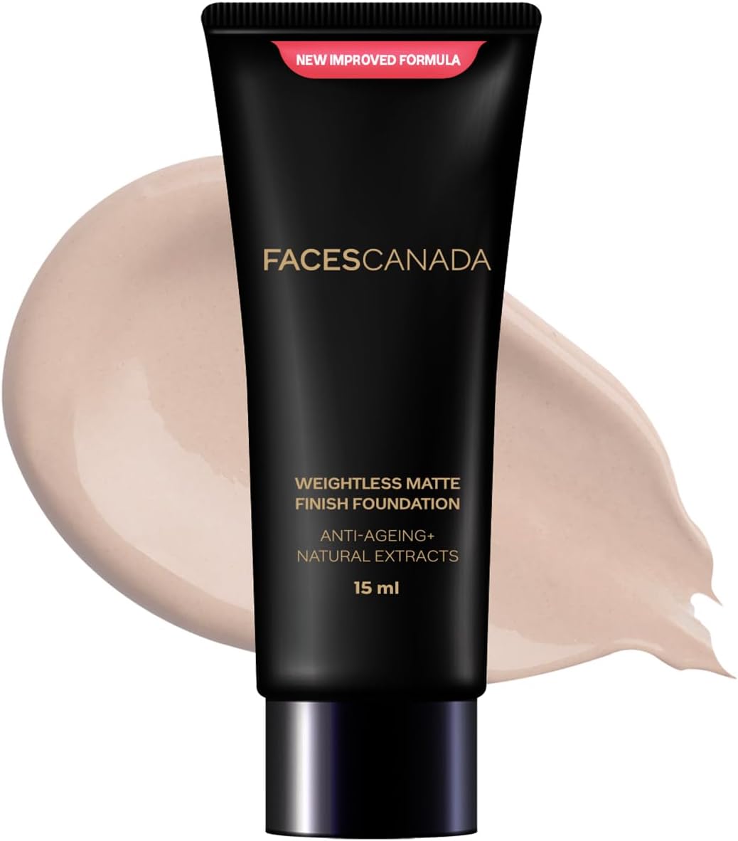 FACES CANADA Weightless Matte Finish Foundation - Natural 02, 15 ml | Ultra Blendable Smooth Texture | Natural Matte Finish | Anti-Ageing | Grape Extract, Shea Butter, Olive Seed Oil Enriched