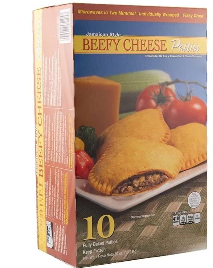 Food Delights Jamaican Style Beefy Cheese Patties are made with ground beef and real cheddar cheese. Each patty is wrapped with a flaky crust for easy hand-held snacking. 10 ct [ 50 oz, 3.12 lb ]