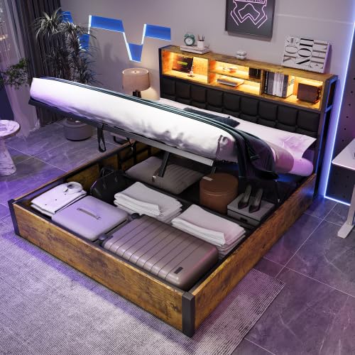 Merax Double Ottoman Bed Frame 135 x 190 cm, Hydraulic Storage Bed with LED Light Strip, USB & Type-C Charging Ports, Upholstered Headboard with Storage Shelves, Metal Bed Frame for Adults &Teenagers — image 1