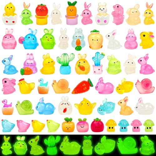 Feivando 56 Pcs Luminous Easter Mini Resin Figures Tiny Small Bunny Chick Figurines Glow in The Dark Animal Miniatures for Holiday Crafts Garden Micro Landscape Home Party Table Decor