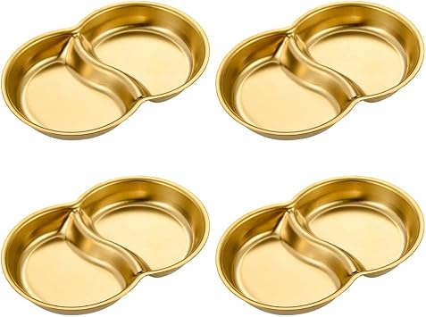 4 Pcs Soy Sauce Dish Stainless Steel Divided Dip Bowls Korean 2 Compartment Gold Sauce Plate Seasoning Dipping Condiment Tray for BBQ Vinegar Spice Salt Sugar Flavor Home Restaurant