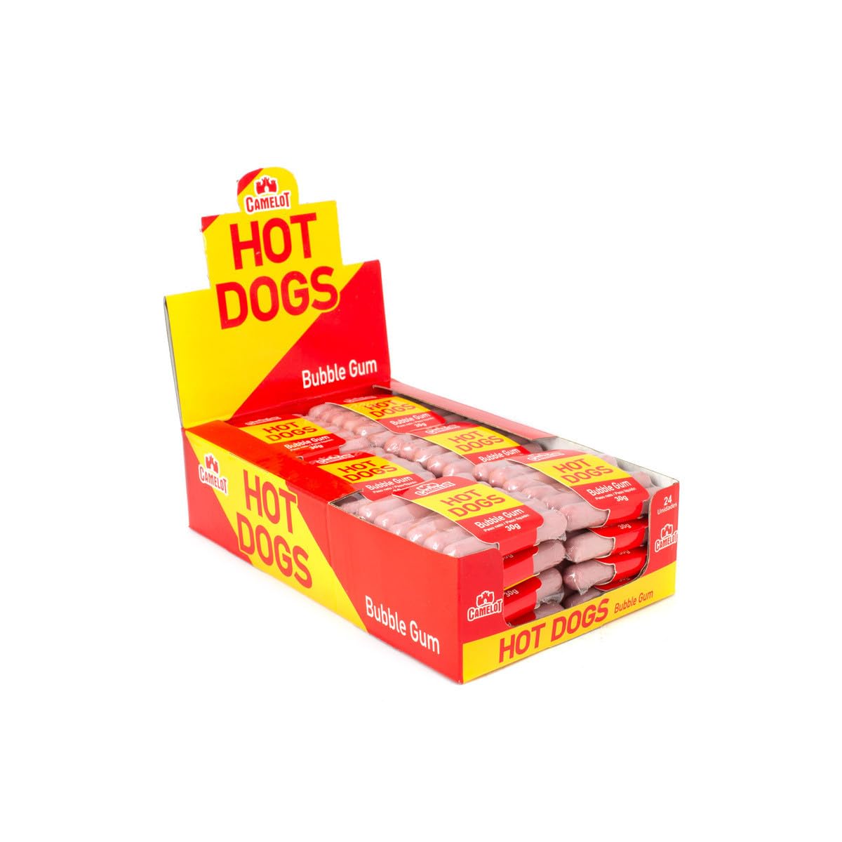 Camelot Hot Dogs Chicle de Goma con Forma de Salchicha, 24 Paquetes de 30g, 720g Total, 24 Unidades