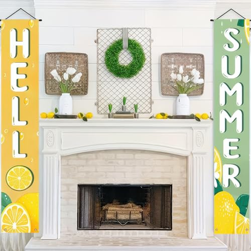 Image of BlissYard 2pcs Hello Summer Door Banner Lemon Porch Banner Sign Sweet Summer Sunshine Front Door Hanging Decor Banners for Seasonal Home Hawaii Tropical Party Outdoor Decorations