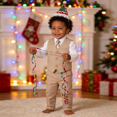 Image of Baby Boy Formal Suit for Toddler Infant Tuxedo Dress Suits | Little Gentleman, Wedding Ring Bearer Outfit, Vest Pants Long-Sleeve Shirt Tie, Birthday Party Christmas Prom, Classic